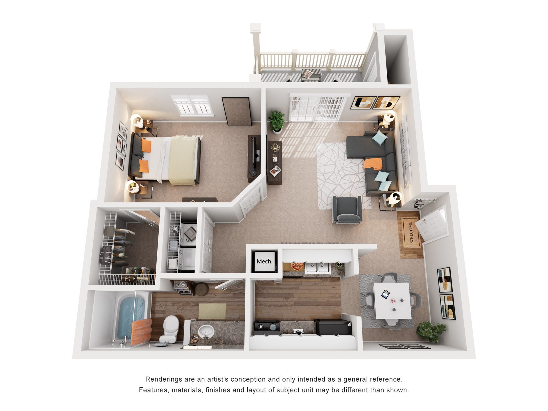 Floor plan for 1 bed, 1 bath, 800 sqft